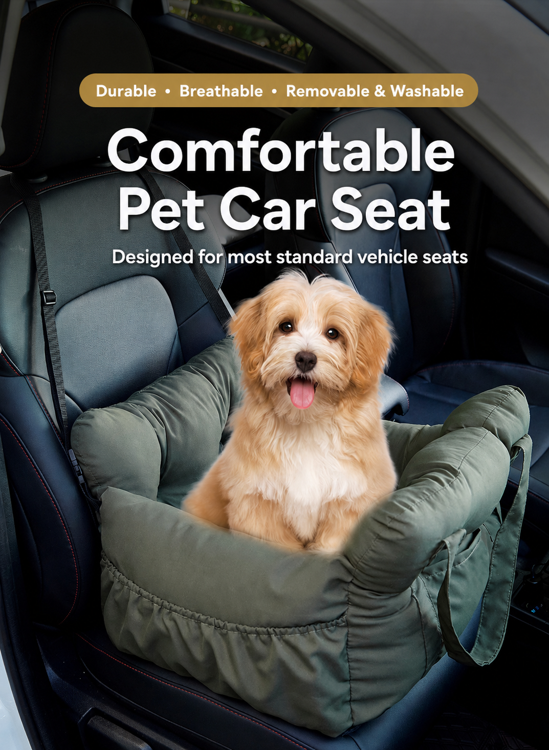 AuriPaw Olive Green Dog Car Seat Bed – Soft Travel Booster Bed for Small to Large Dogs
