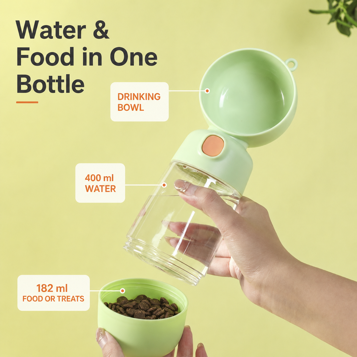 AuriPaw 2-in-1 Portable Dog Water Bottle – 400ml Pet Travel Dispenser with 182ml Food Container