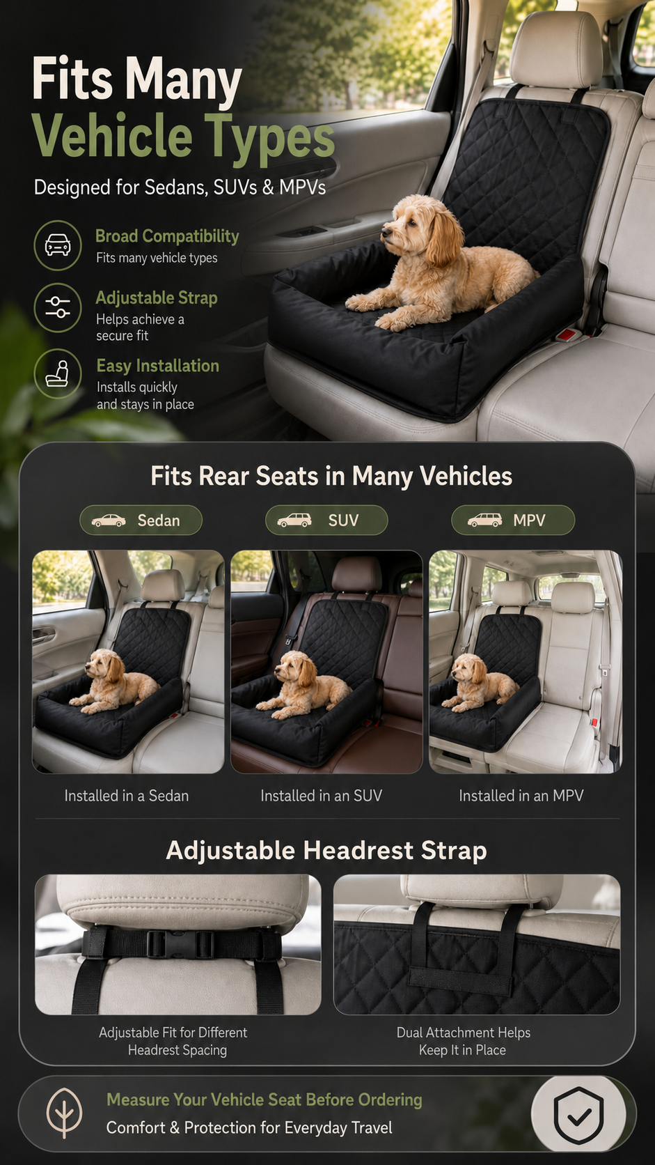 AuriPaw Water-Resistant PU Leather Dog Car Seat Bed – Padded Back Seat Protector for Small & Medium Dogs