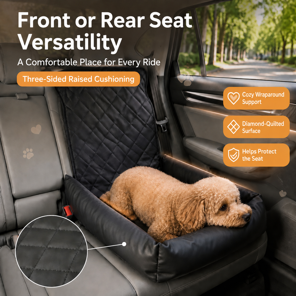 AuriPaw Water-Resistant PU Leather Dog Car Seat Bed – Padded Back Seat Protector for Small & Medium Dogs