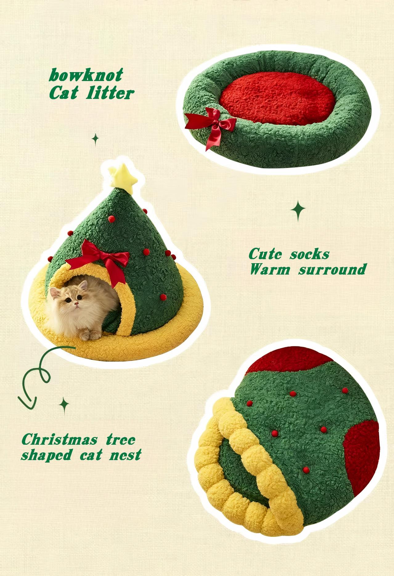 Cozy Winter Cat Bed – Semi-Enclosed Christmas Pet Nest (Sock, Tree & Round Options)