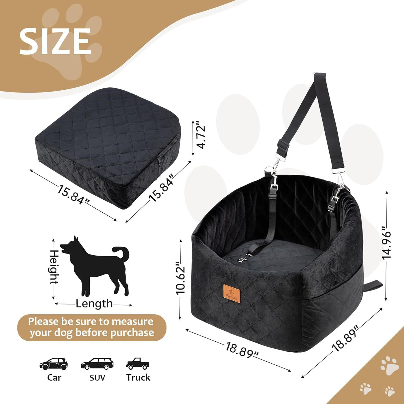 AuriPaw Washable Dog Car Seat Bed – High-Density Foam Travel Booster Bed for Medium Dogs