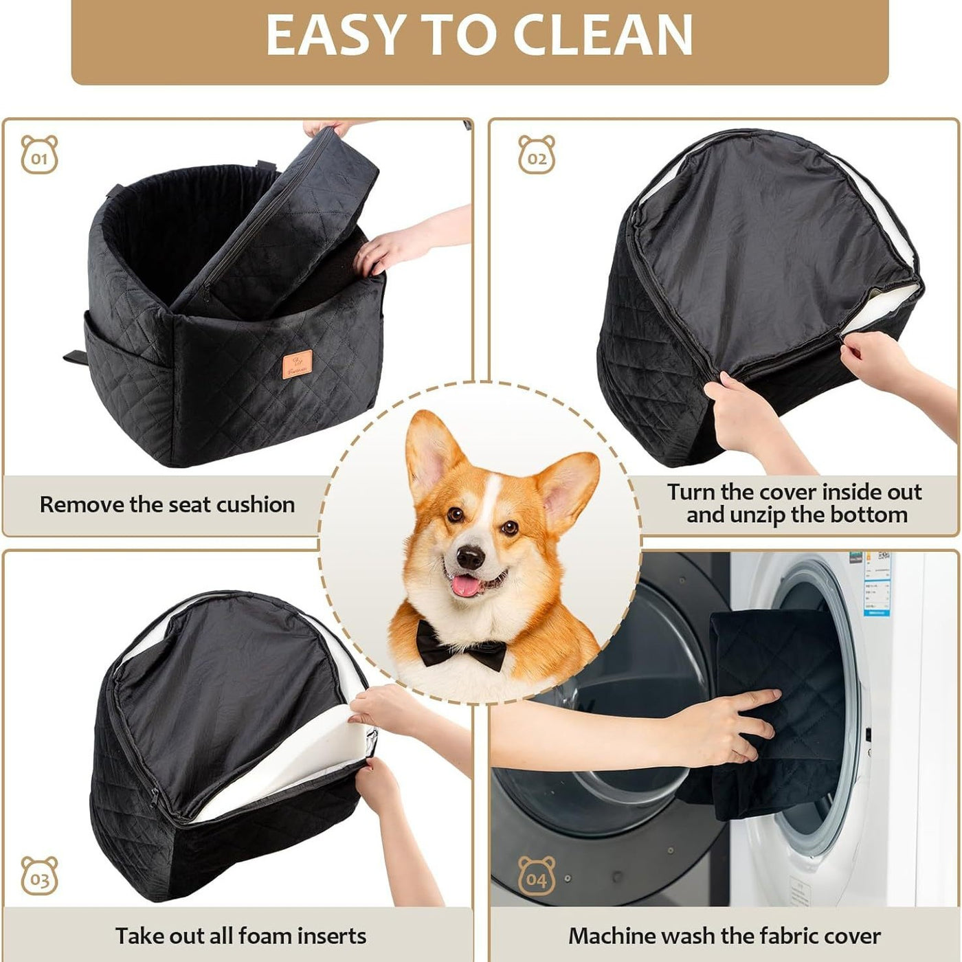 AuriPaw Washable Dog Car Seat Bed – High-Density Foam Travel Booster Bed for Medium Dogs