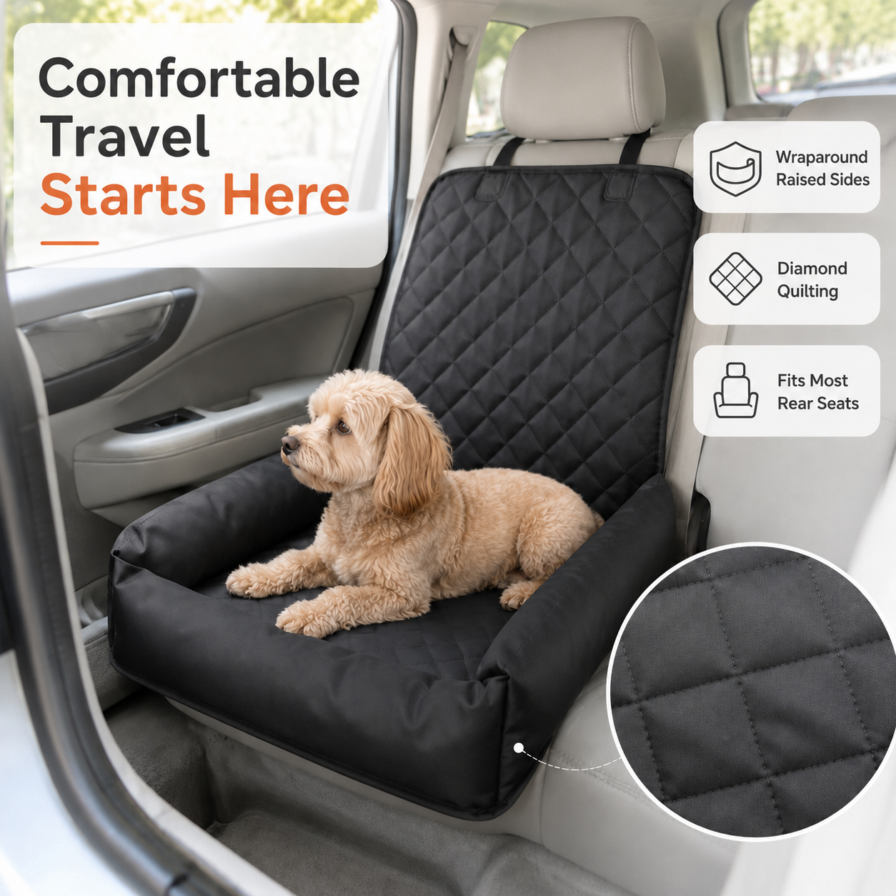 AuriPaw Water-Resistant PU Leather Dog Car Seat Bed – Padded Back Seat Protector for Small & Medium Dogs