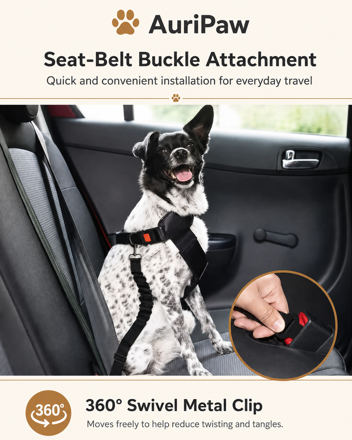 AuriPaw Adjustable Dog Car Seat Belt – Elastic Pet Safety Tether for Cars
