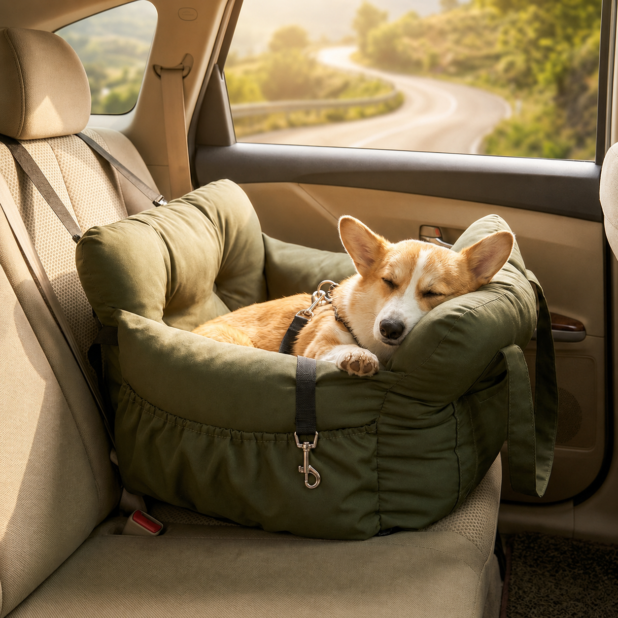 AuriPaw Olive Green Dog Car Seat Bed – Soft Travel Booster Bed for Small to Large Dogs
