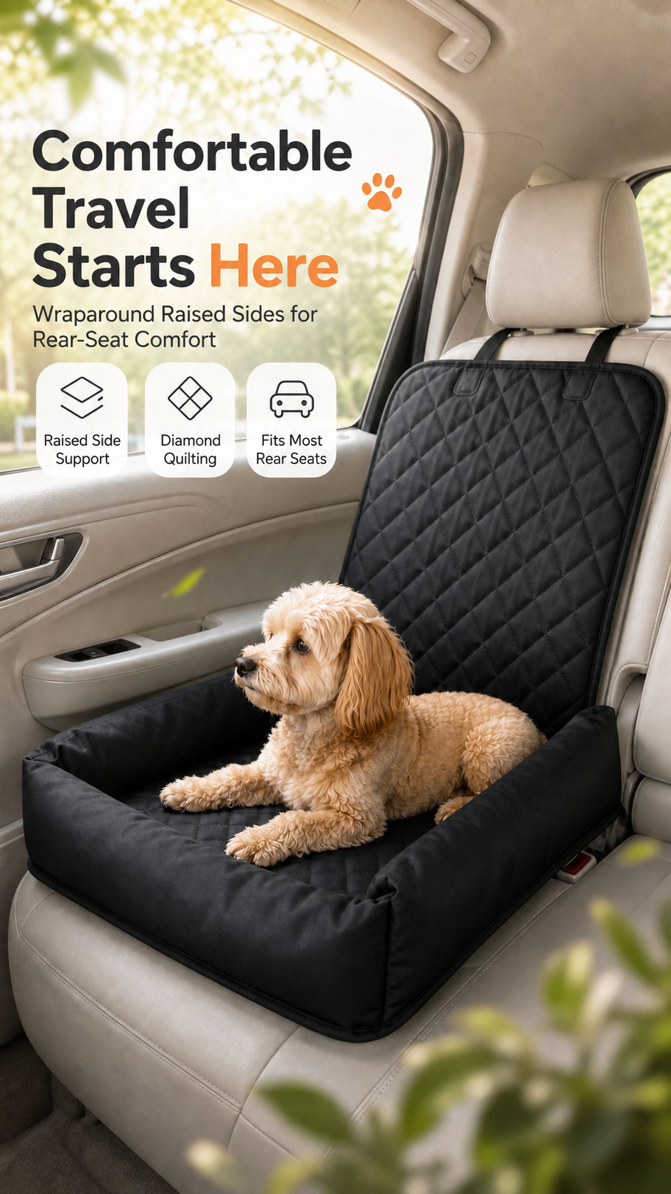 AuriPaw Water-Resistant PU Leather Dog Car Seat Bed – Padded Back Seat Protector for Small & Medium Dogs