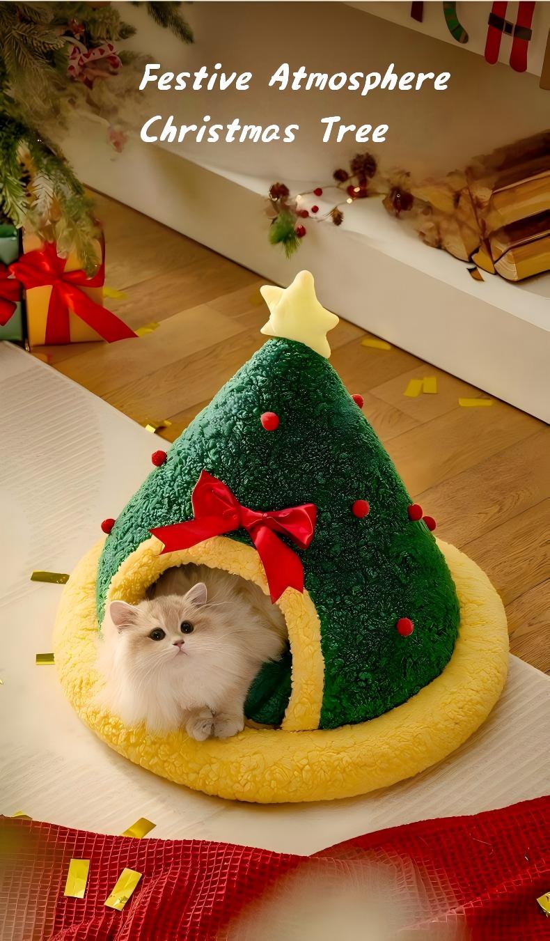 Cozy Winter Cat Bed – Semi-Enclosed Christmas Pet Nest (Sock, Tree & Round Options)