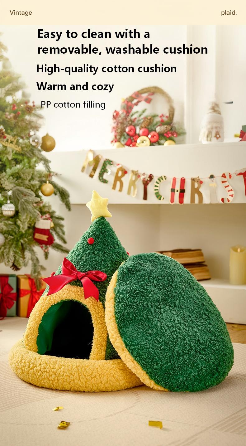 Cozy Winter Cat Bed – Semi-Enclosed Christmas Pet Nest (Sock, Tree & Round Options)