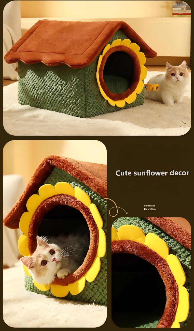 Cute Semi-Enclosed Cat Bed – Cartoon Design, Warm & Washable for Autumn/Winter