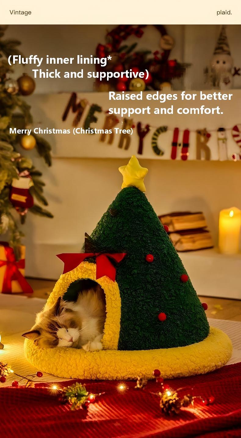 Cozy Winter Cat Bed – Semi-Enclosed Christmas Pet Nest (Sock, Tree & Round Options)