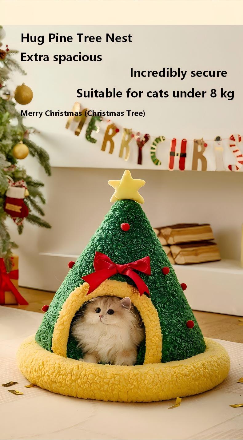 Cozy Winter Cat Bed – Semi-Enclosed Christmas Pet Nest (Sock, Tree & Round Options)