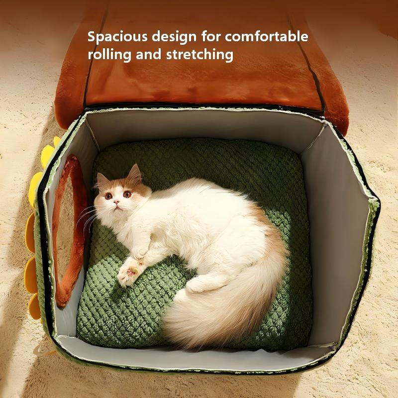 Cute Semi-Enclosed Cat Bed – Cartoon Design, Warm & Washable for Autumn/Winter