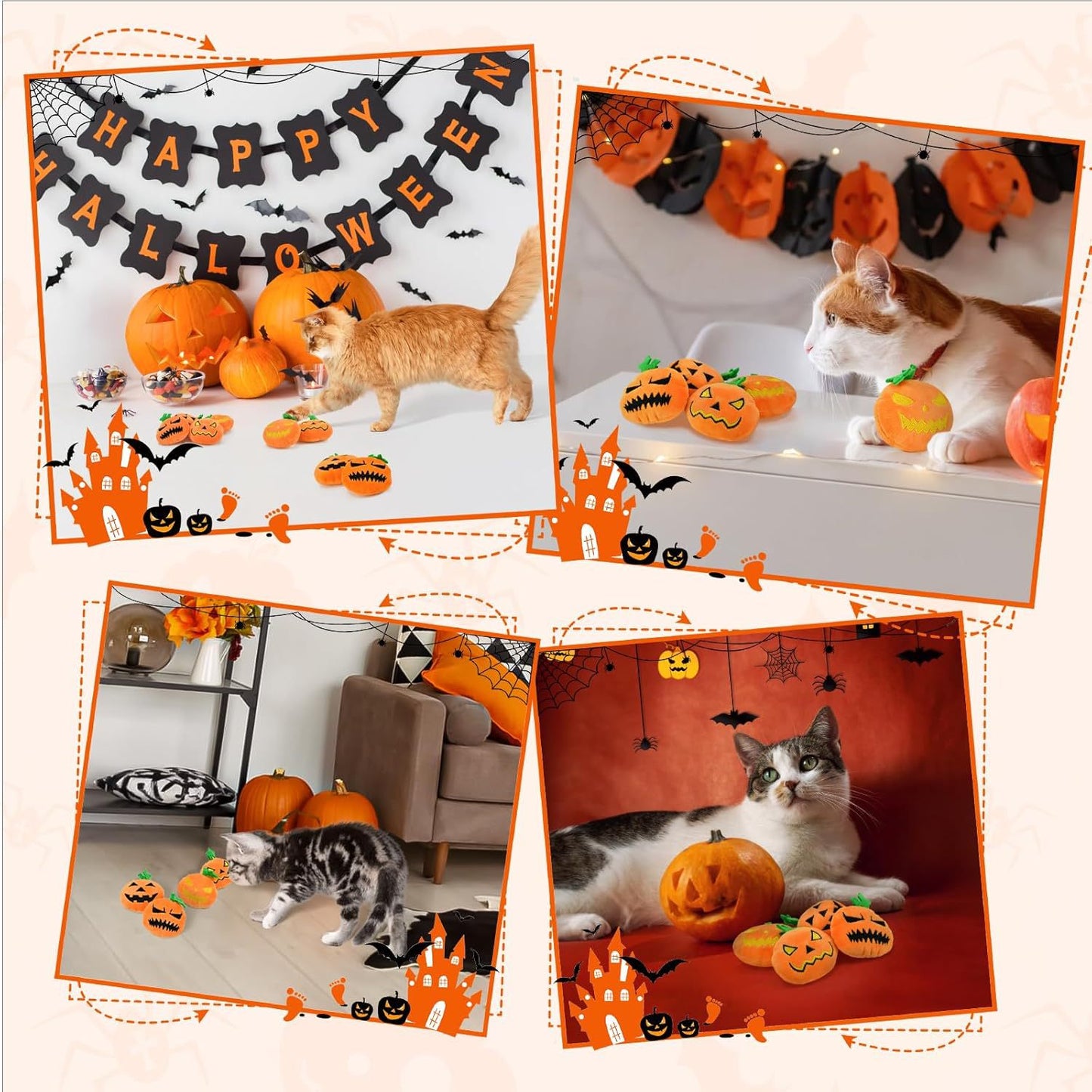 Halloween Cat Toys 4-Pack – Unique Pumpkin Faces, Squeaky & Chewable