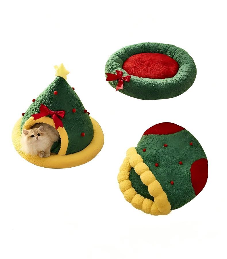 Cozy Winter Cat Bed – Semi-Enclosed Christmas Pet Nest (Sock, Tree & Round Options)