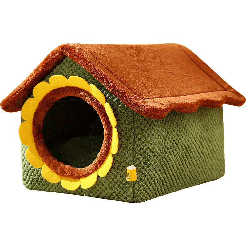 Cute Semi-Enclosed Cat Bed – Cartoon Design, Warm & Washable for Autumn/Winter