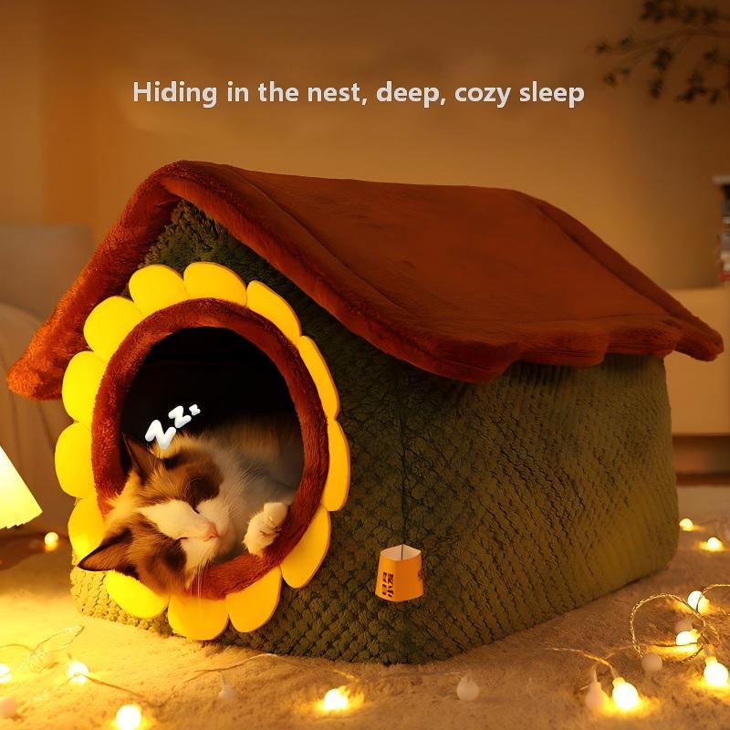 Cute Semi-Enclosed Cat Bed – Cartoon Design, Warm & Washable for Autumn/Winter