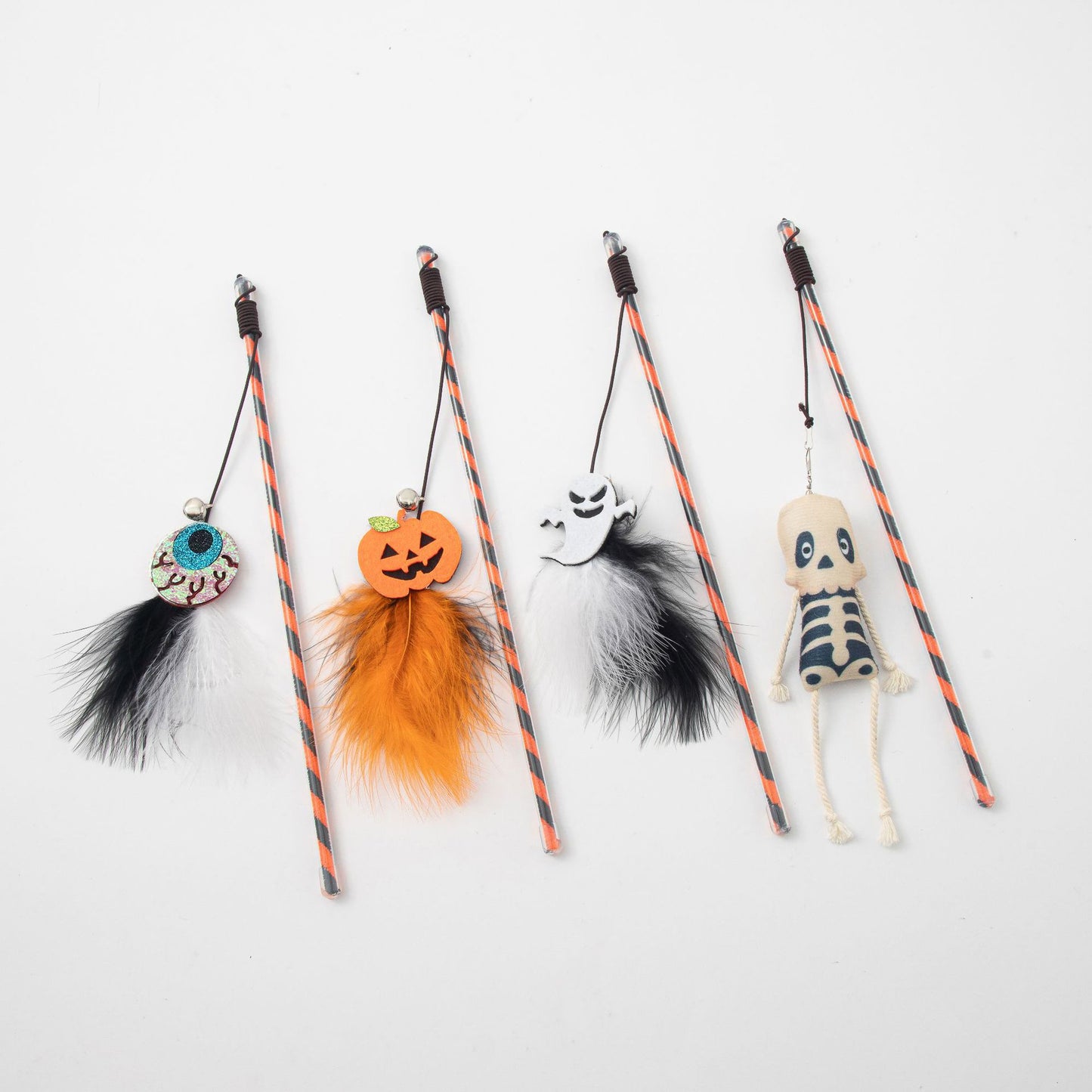 Halloween Cat Teaser Wand Toy – Pumpkin & Ghost Design with Feathers and Bells