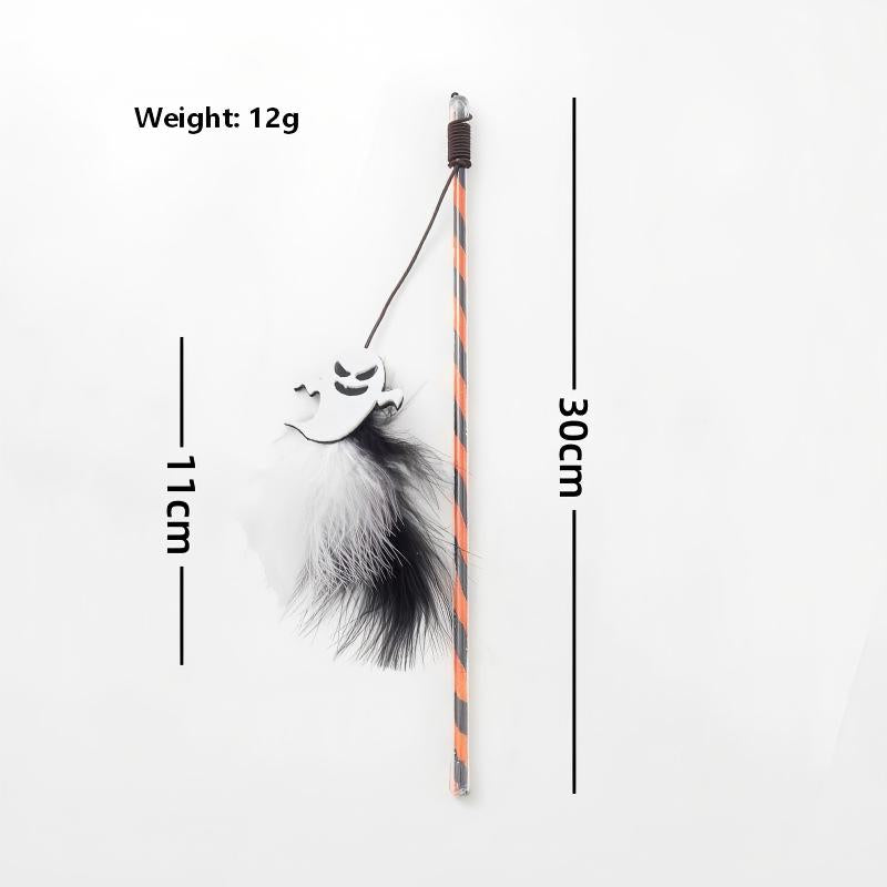 Halloween Cat Teaser Wand Toy – Pumpkin & Ghost Design with Feathers and Bells