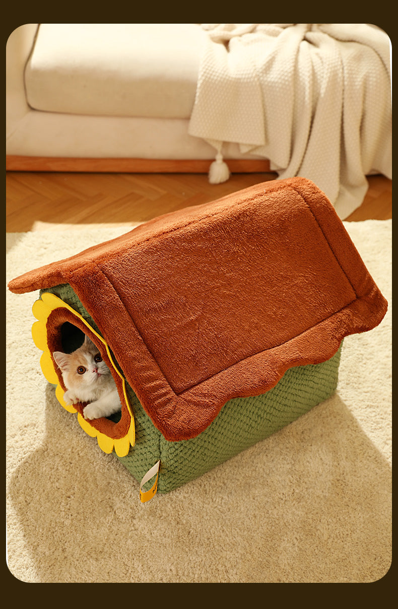 Cute Semi-Enclosed Cat Bed – Cartoon Design, Warm & Washable for Autumn/Winter