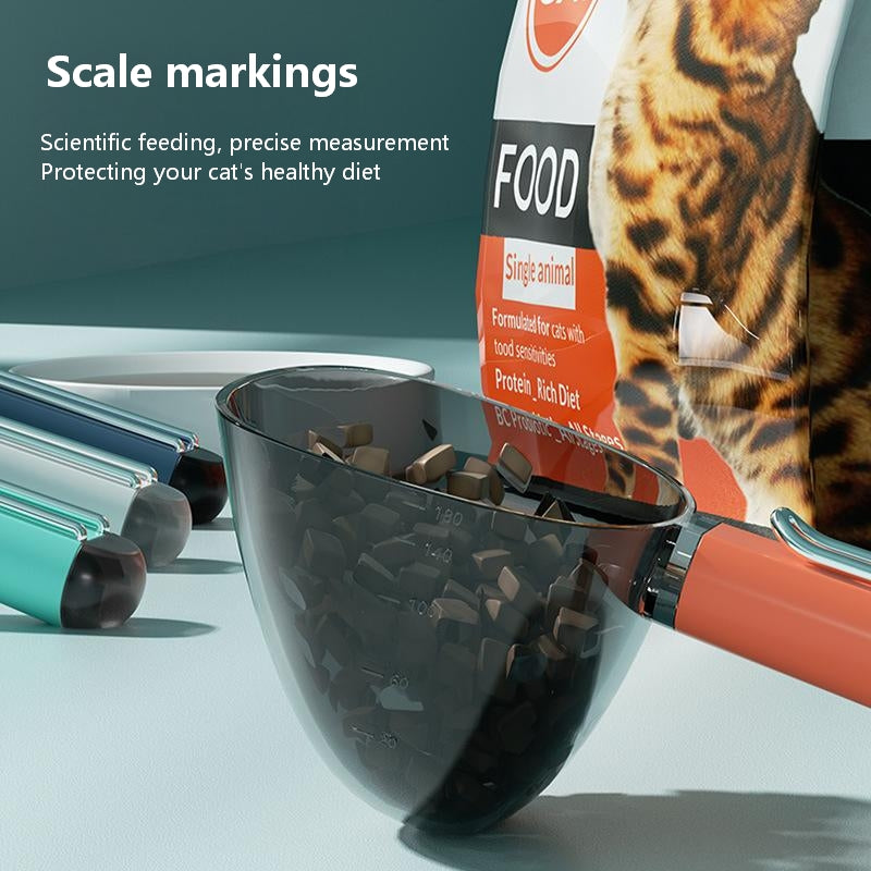 Pet Food Scoop with Stainless Steel Bag Clip – Large Handle, Measuring Scale for Cat & Dog Kibble