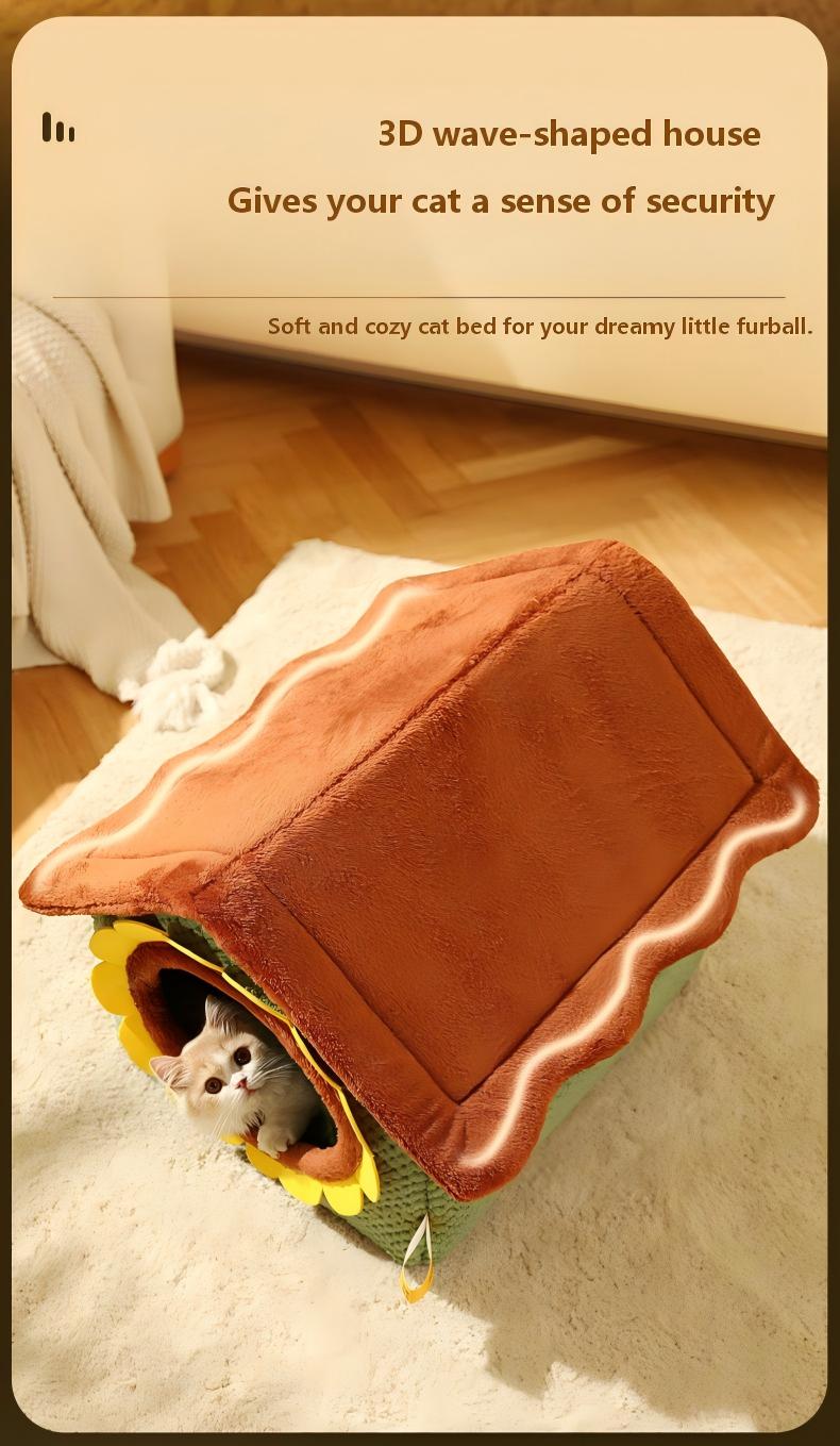 Cute Semi-Enclosed Cat Bed – Cartoon Design, Warm & Washable for Autumn/Winter