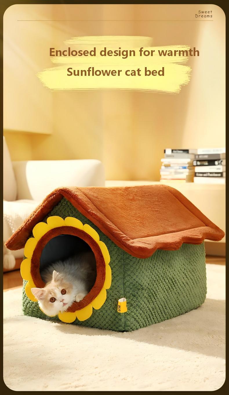 Cute Semi-Enclosed Cat Bed – Cartoon Design, Warm & Washable for Autumn/Winter