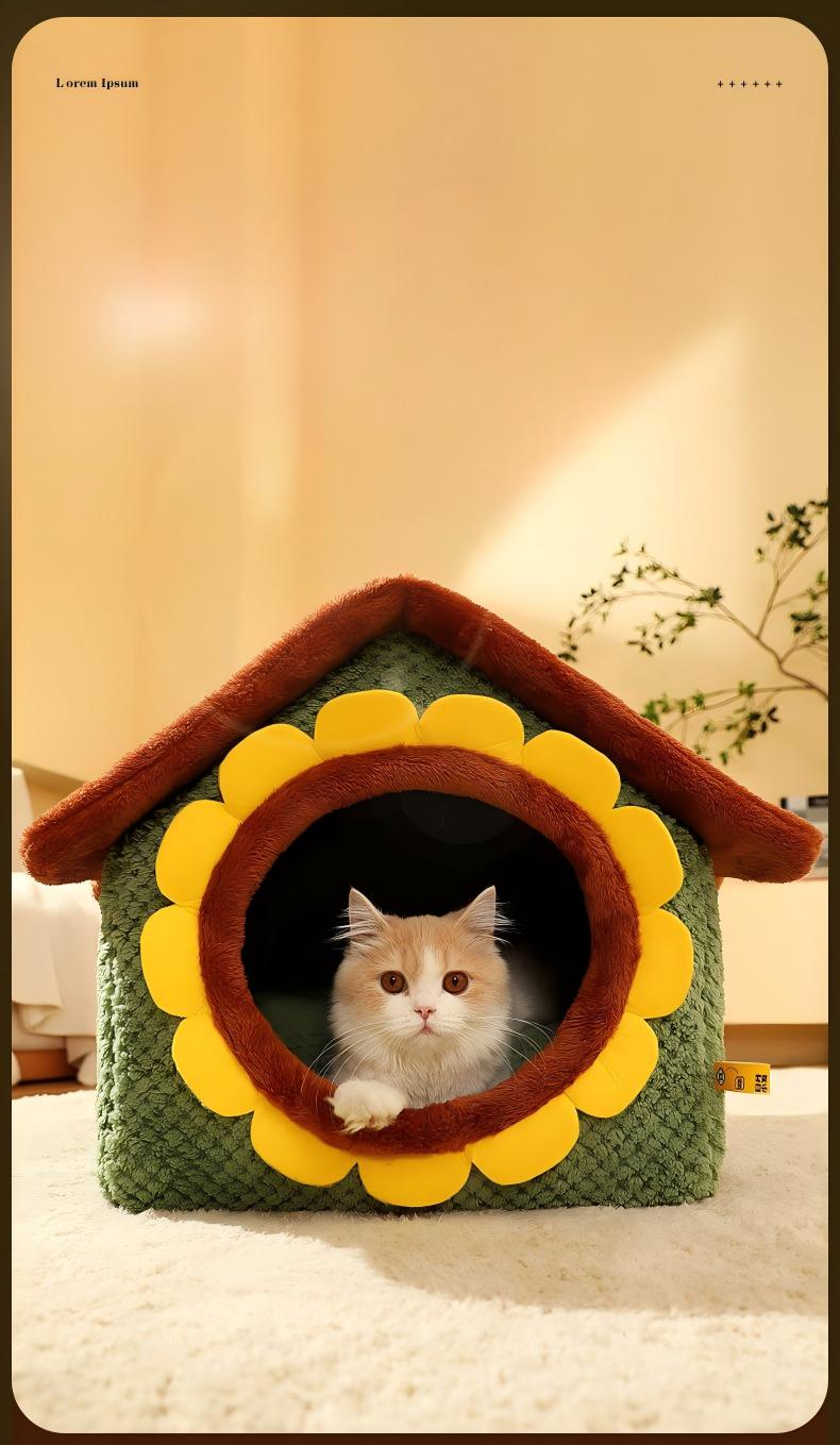 Cute Semi-Enclosed Cat Bed – Cartoon Design, Warm & Washable for Autumn/Winter