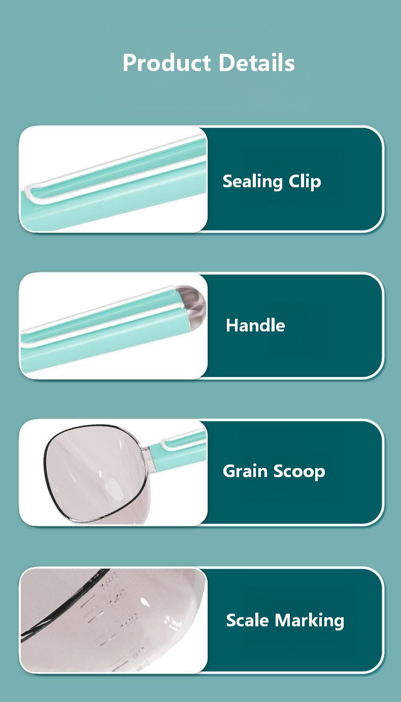 Pet Food Scoop with Stainless Steel Bag Clip – Large Handle, Measuring Scale for Cat & Dog Kibble
