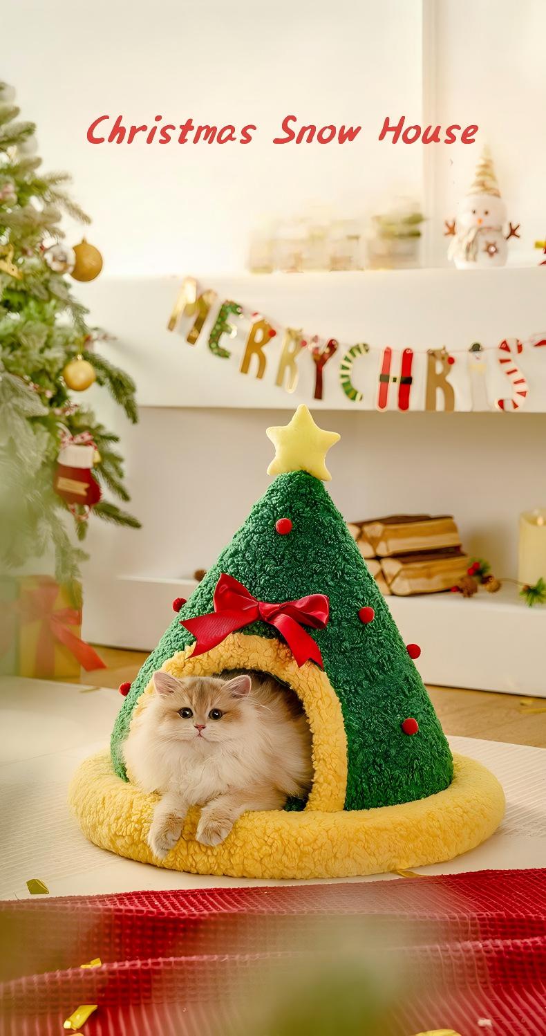 Cozy Winter Cat Bed – Semi-Enclosed Christmas Pet Nest (Sock, Tree & Round Options)