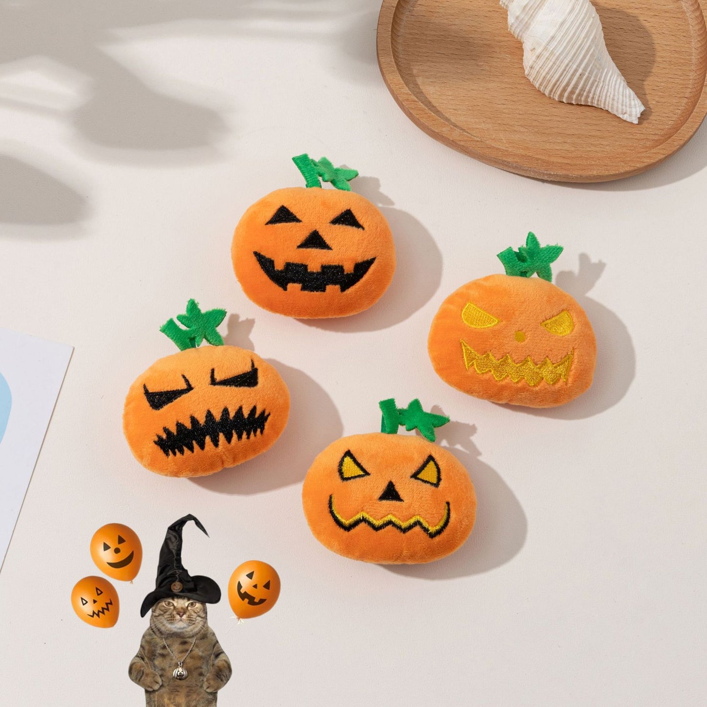 Halloween Cat Toys 4-Pack – Unique Pumpkin Faces, Squeaky & Chewable