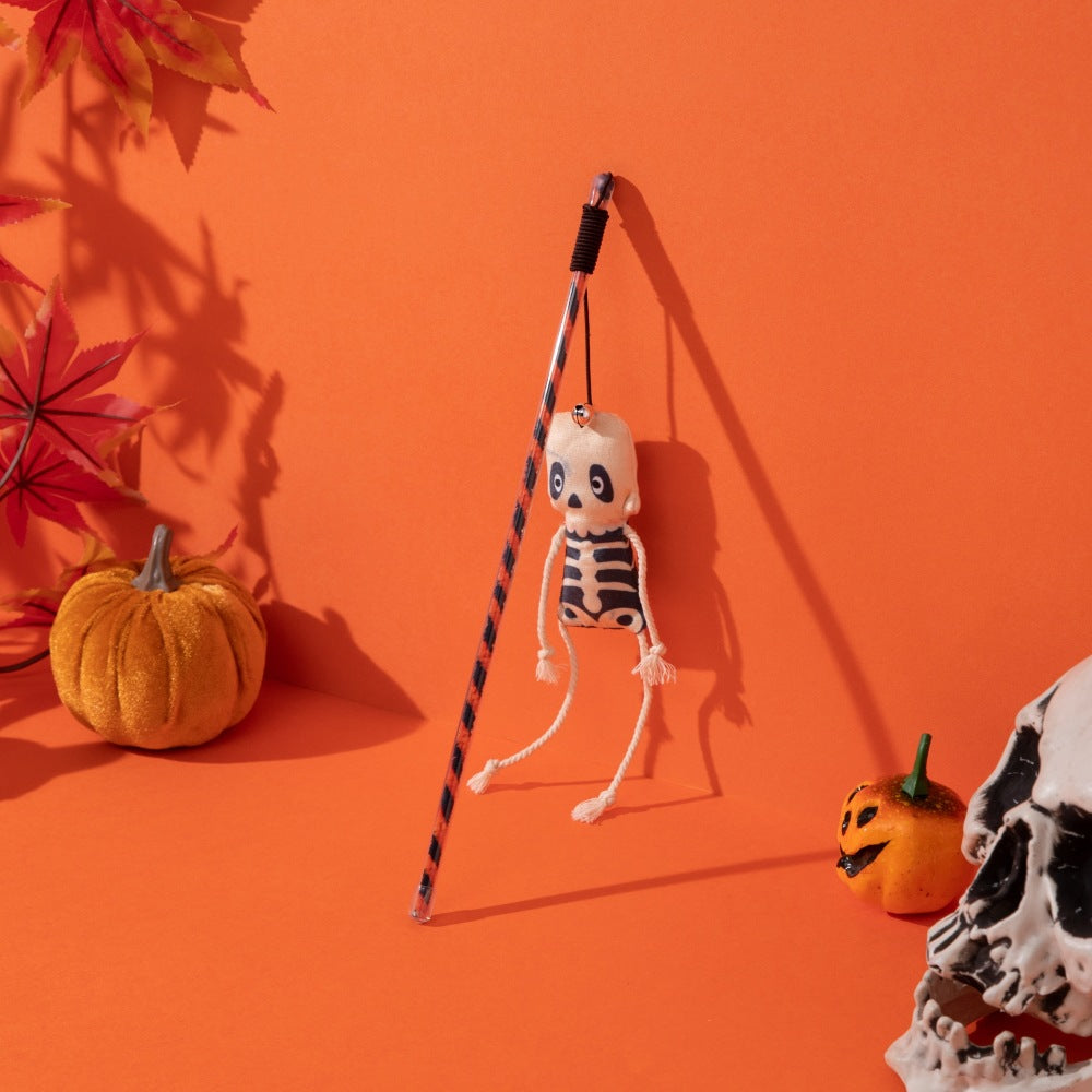 Halloween Cat Teaser Wand Toy – Pumpkin & Ghost Design with Feathers and Bells