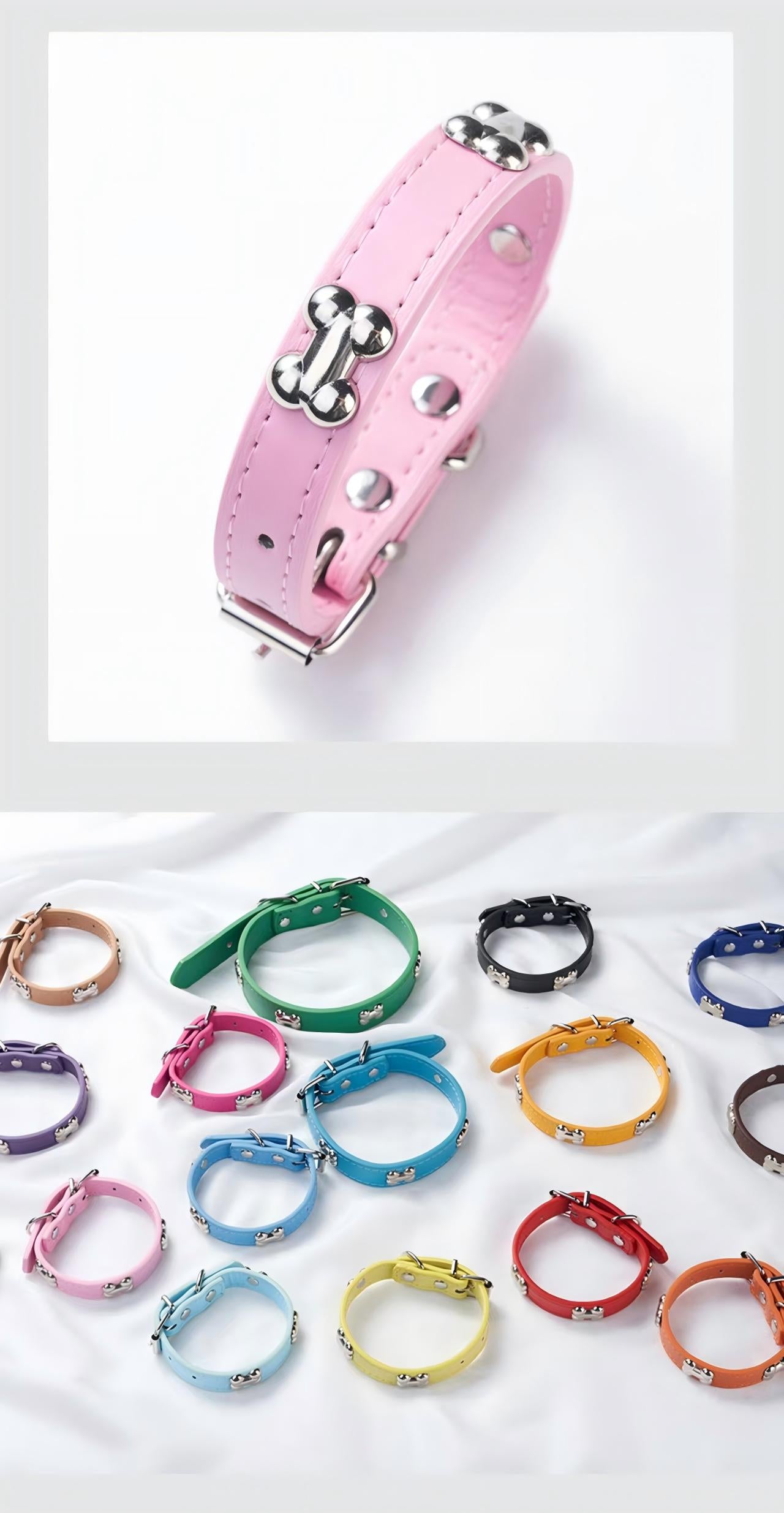 AuriPaw Adjustable Pet Collar with Bone Decoration – Stylish PU Leather Dog Collar with Metal Charm, Comfortable & Durable Everyday Wear