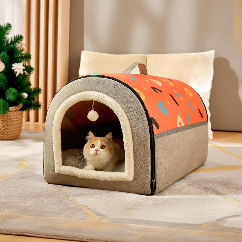 AuriPaw 2-in-1 Portable Pet Bed – Cozy Winter Cat House with Removable Washable Cushion, Warm Indoor Sleeping Nest for Cats & Small Dogs