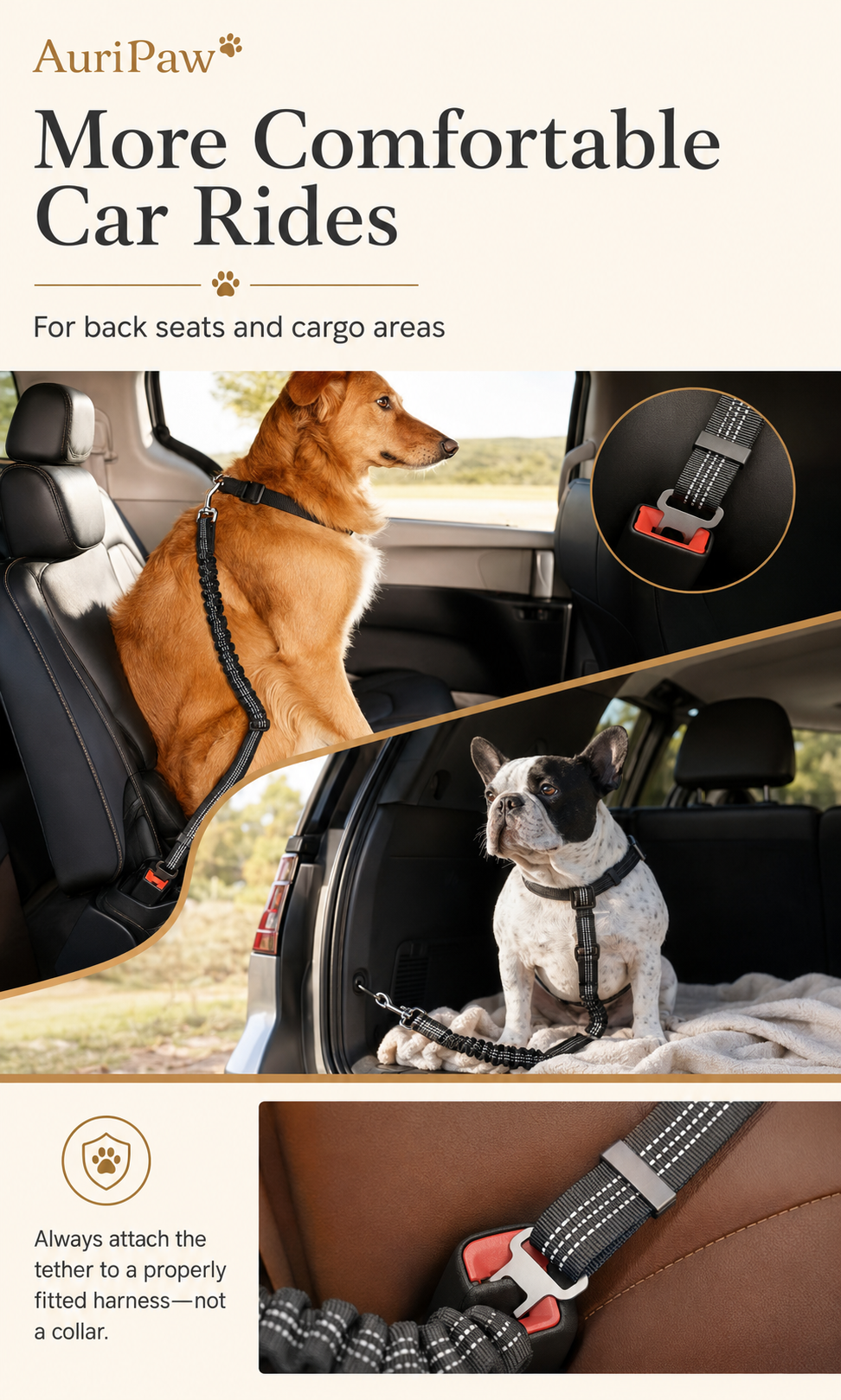AuriPaw Adjustable Dog Car Seat Belt – Elastic Pet Safety Tether for Cars