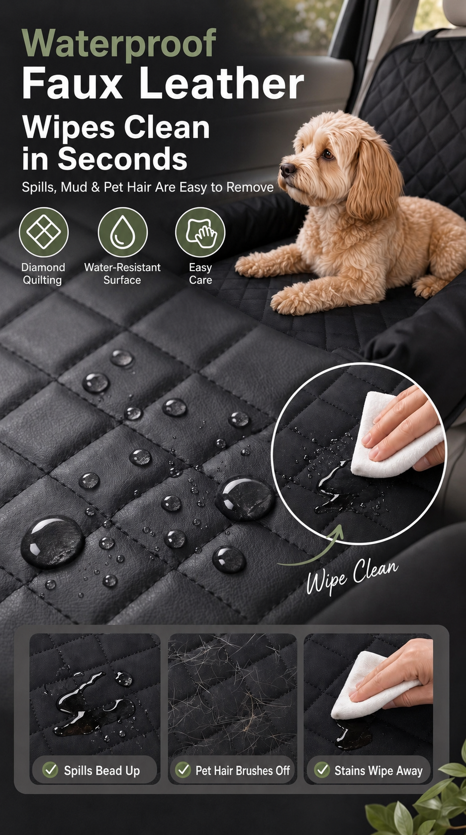 AuriPaw Water-Resistant PU Leather Dog Car Seat Bed – Padded Back Seat Protector for Small & Medium Dogs