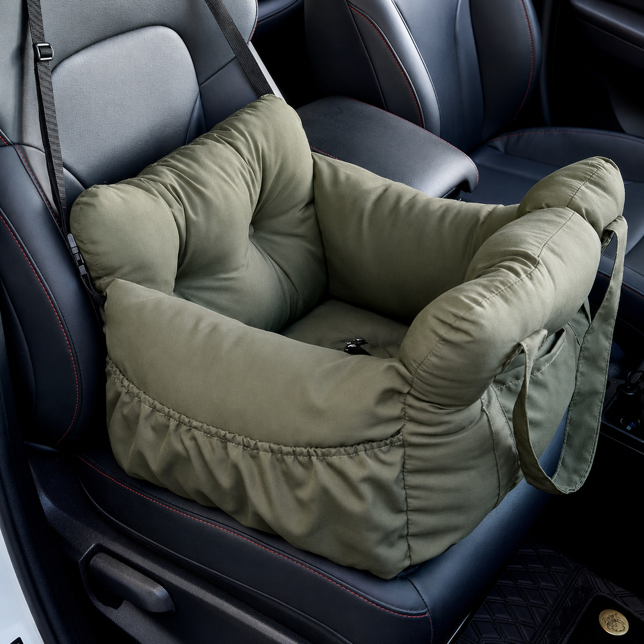 AuriPaw Olive Green Dog Car Seat Bed – Soft Travel Booster Bed for Small to Large Dogs