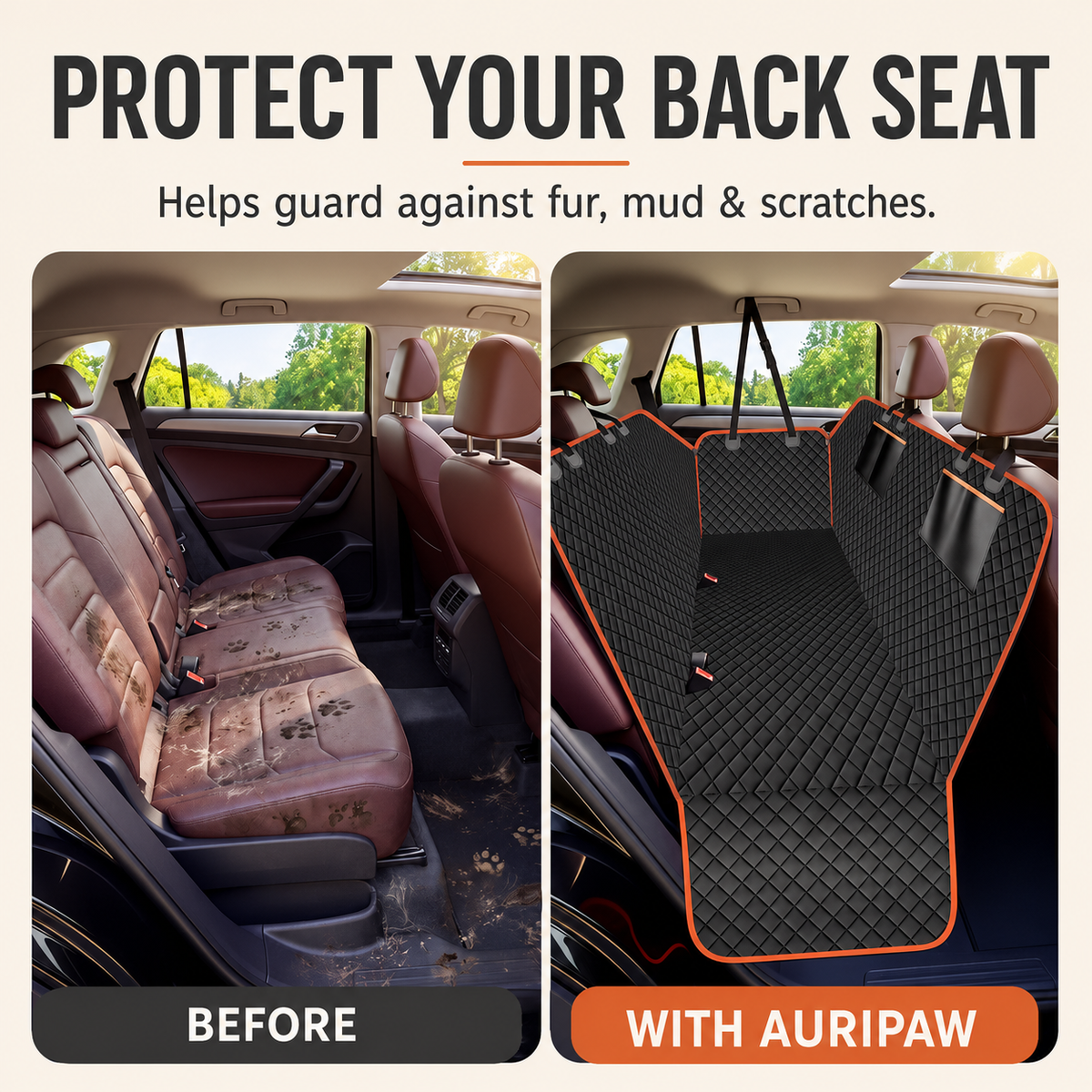 AuriPaw Waterproof Dog Car Seat Cover – Full-Cover Oxford Back Seat Protector for Cars & SUVs