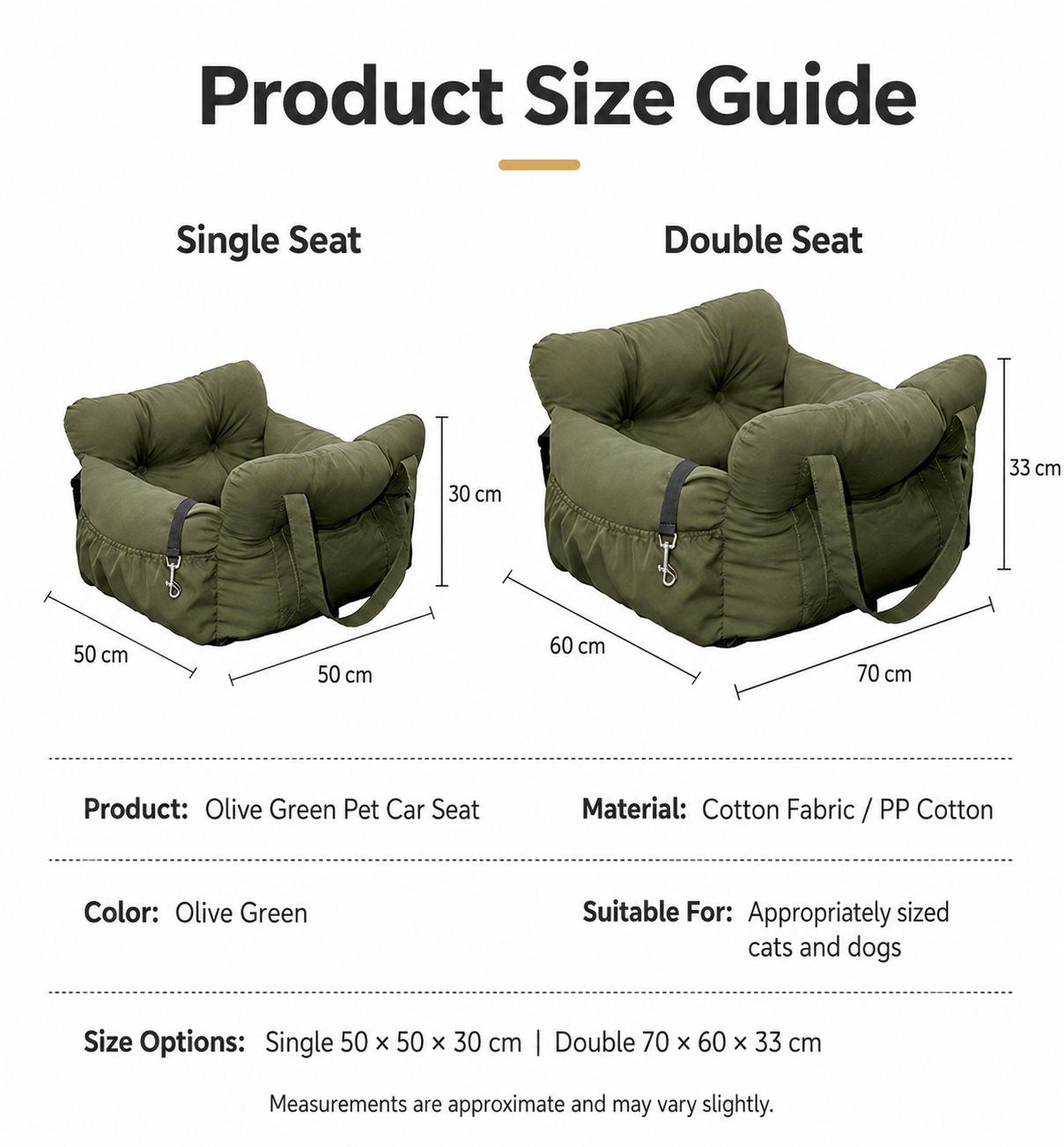 AuriPaw Olive Green Dog Car Seat Bed – Soft Travel Booster Bed for Small to Large Dogs