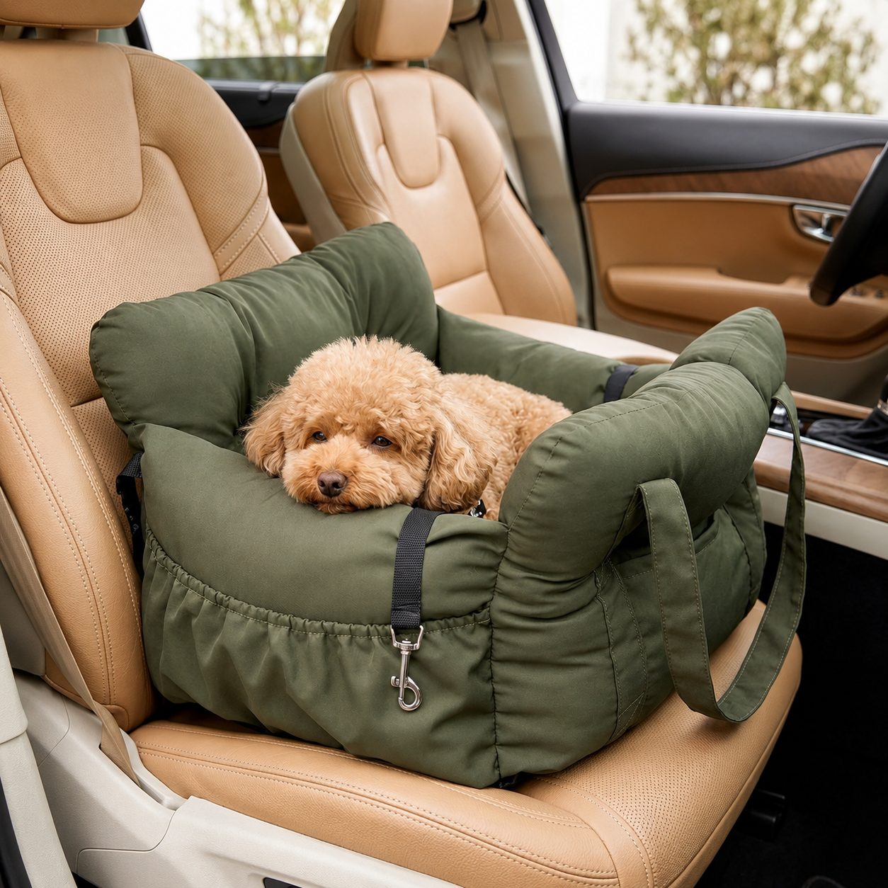 AuriPaw Olive Green Dog Car Seat Bed – Soft Travel Booster Bed for Small to Large Dogs