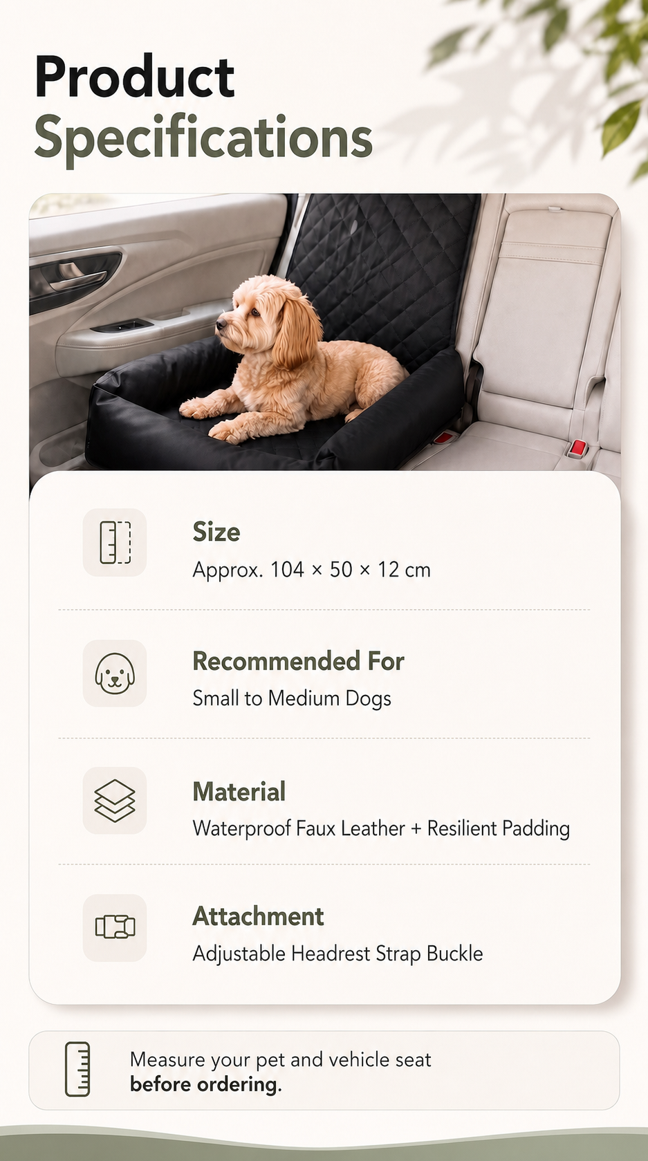 AuriPaw Water-Resistant PU Leather Dog Car Seat Bed – Padded Back Seat Protector for Small & Medium Dogs
