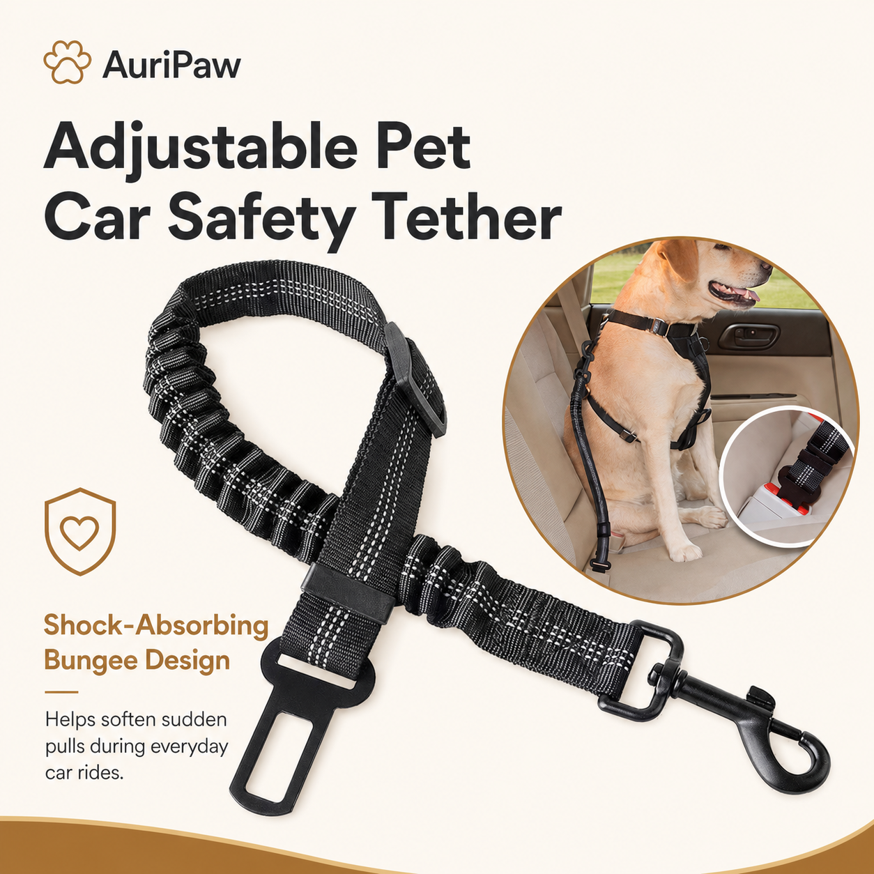 AuriPaw Adjustable Dog Car Seat Belt – Elastic Pet Safety Tether for Cars