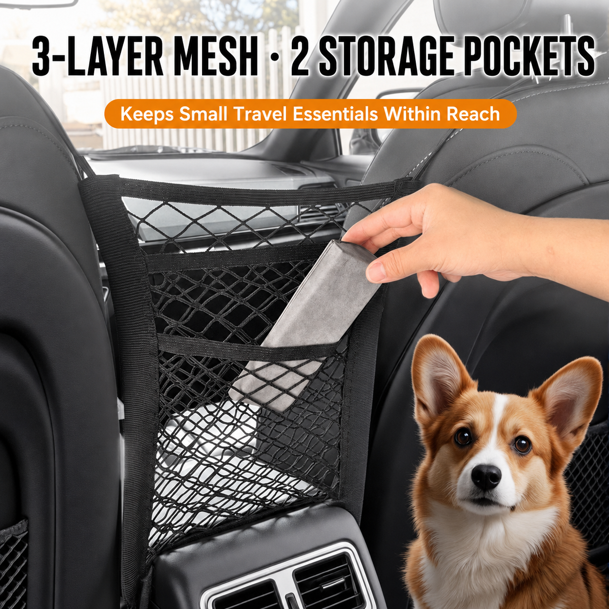 AuriPaw 3-Layer Dog Car Barrier Net – 4-Side Stretch Pet Divider & Seat Storage Organizer