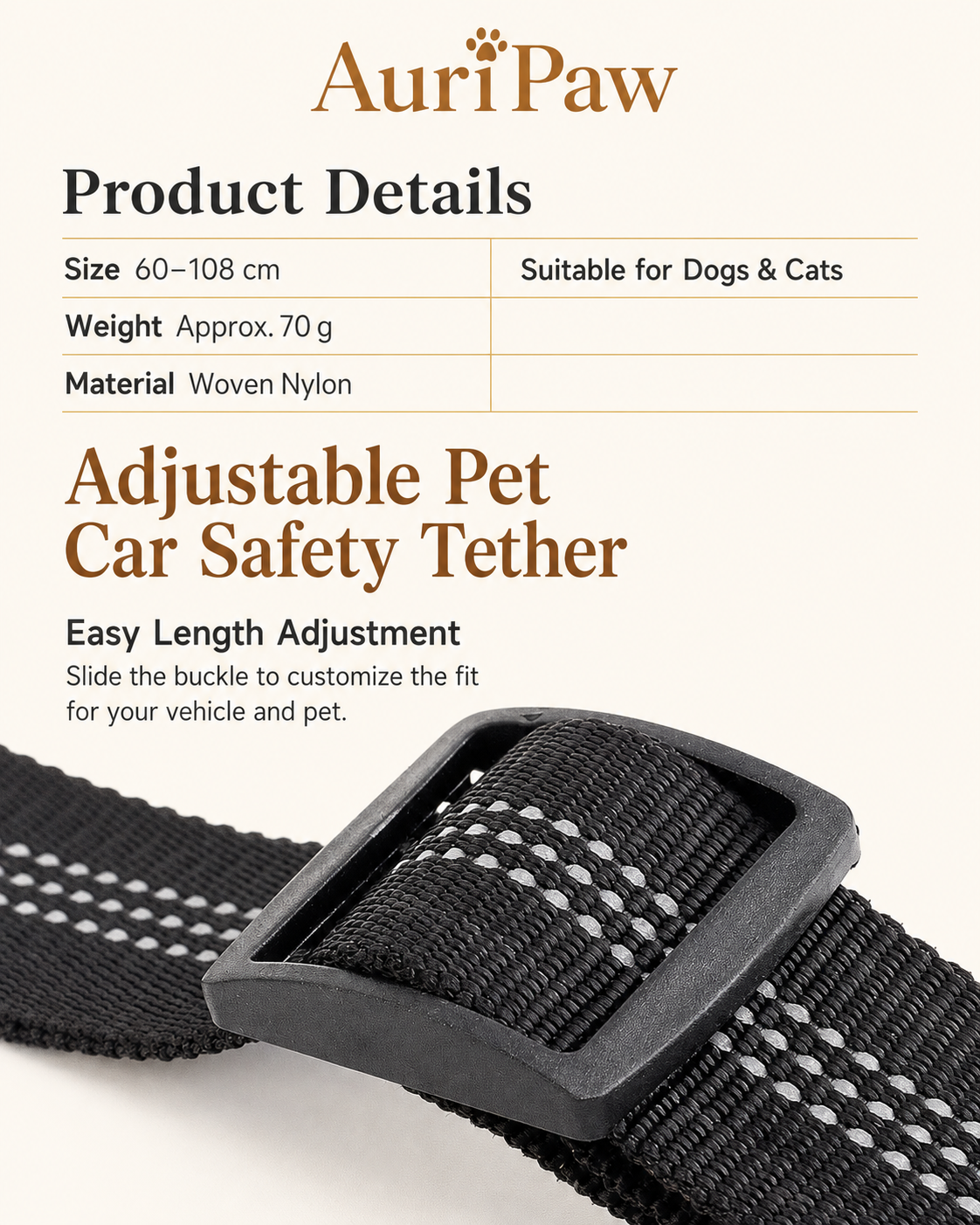 AuriPaw Adjustable Dog Car Seat Belt – Elastic Pet Safety Tether for Cars