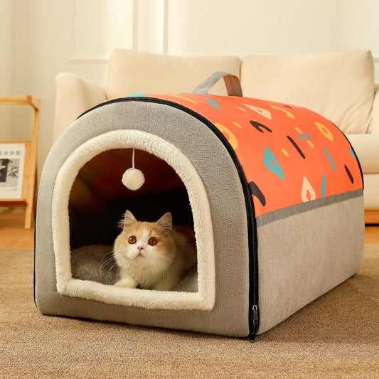 AuriPaw 2-in-1 Portable Pet Bed – Cozy Winter Cat House with Removable Washable Cushion, Warm Indoor Sleeping Nest for Cats & Small Dogs