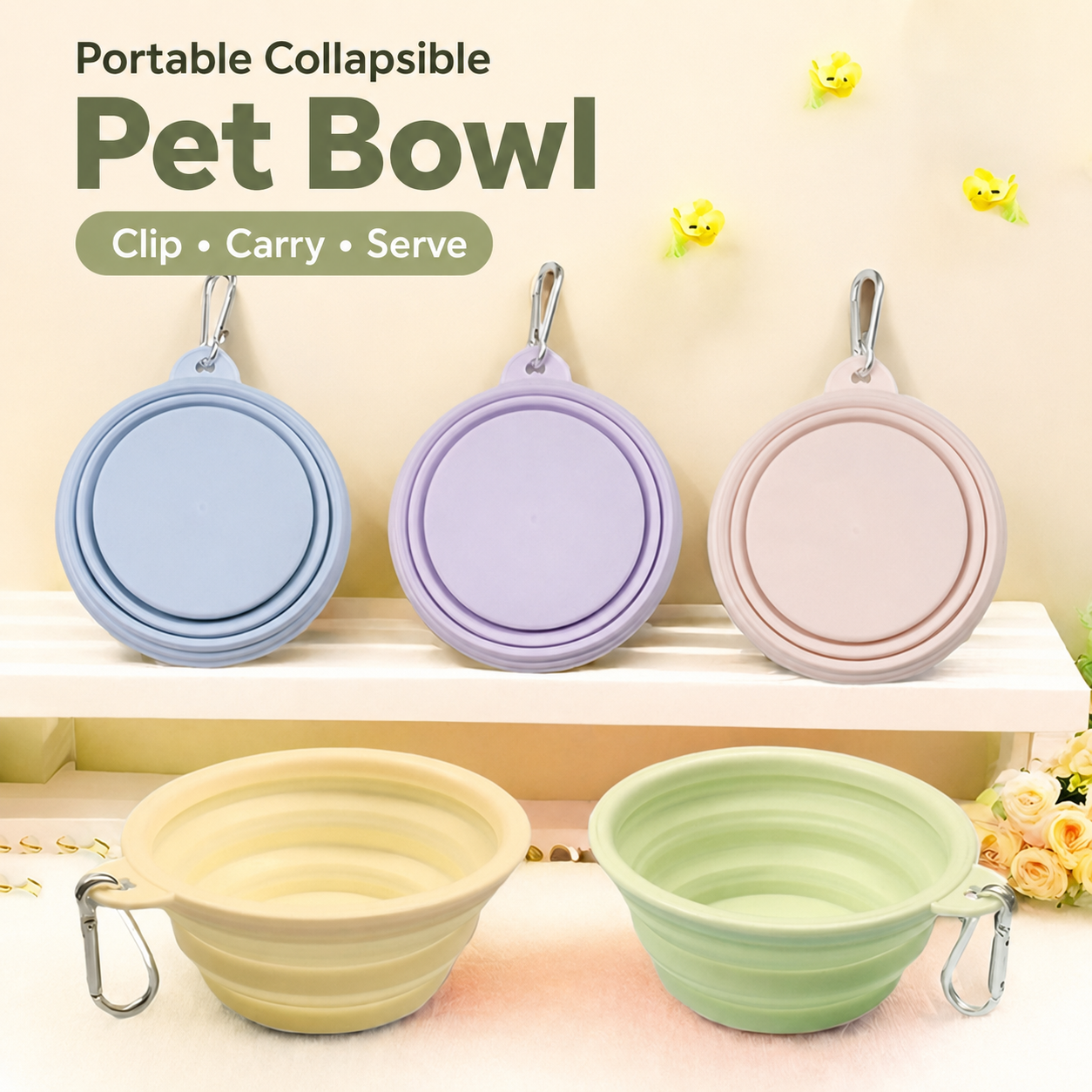 AuriPaw Collapsible Dog Travel Bowl with Carabiner 2PCS – Portable Silicone Food & Water Bowl