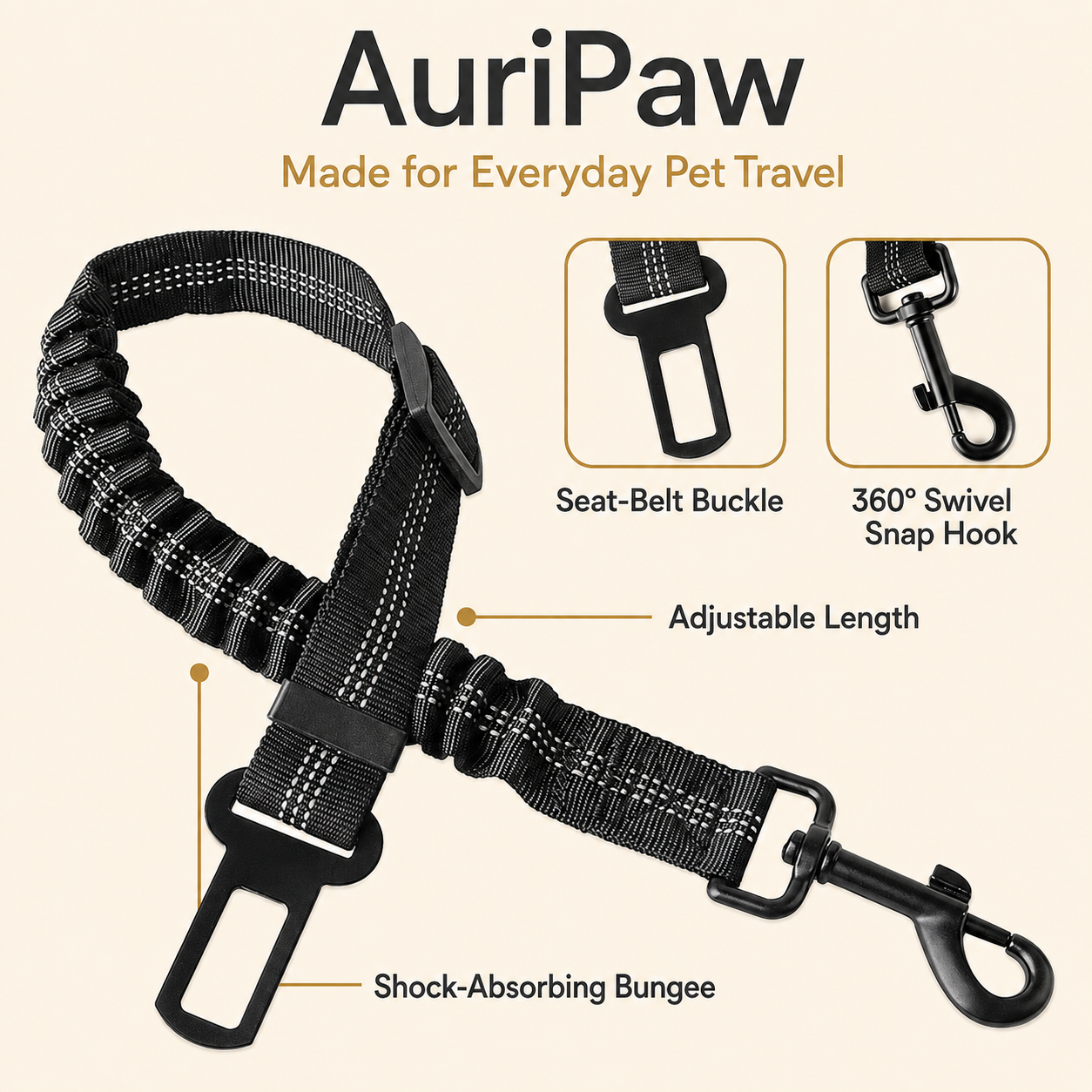 AuriPaw Adjustable Dog Car Seat Belt – Elastic Pet Safety Tether for Cars