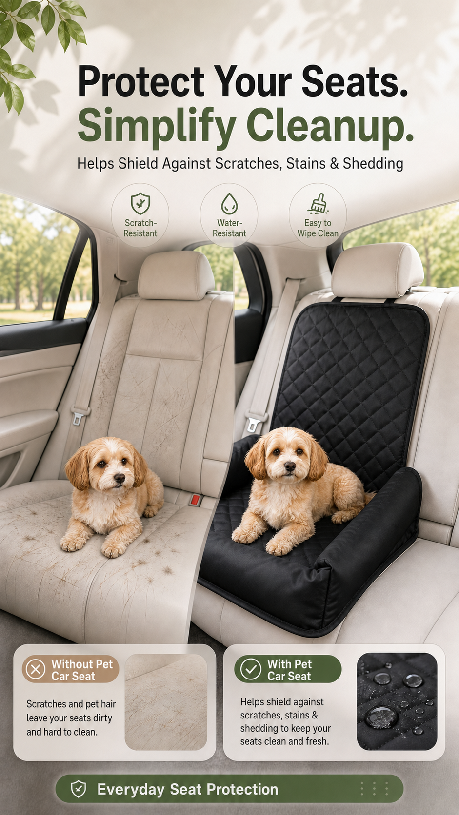 AuriPaw Water-Resistant PU Leather Dog Car Seat Bed – Padded Back Seat Protector for Small & Medium Dogs