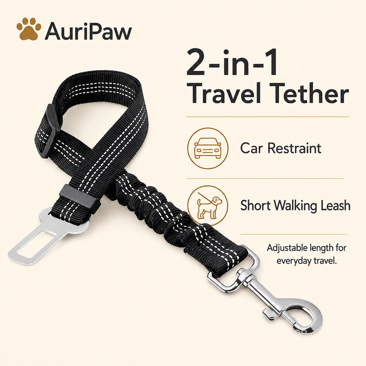 AuriPaw Adjustable Dog Car Seat Belt – Elastic Pet Safety Tether for Cars