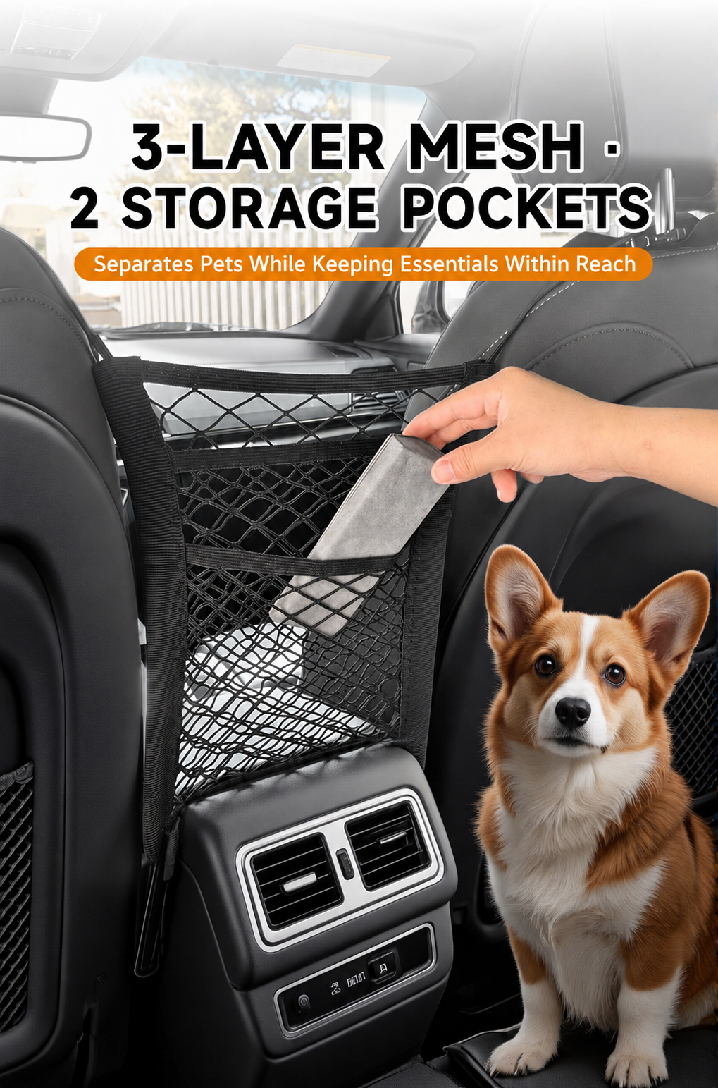 AuriPaw 3-Layer Dog Car Barrier Net – 4-Side Stretch Pet Divider & Seat Storage Organizer